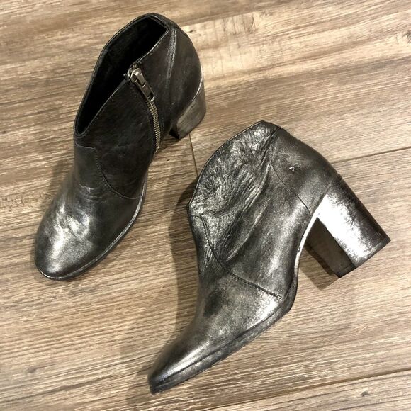 Frye Nora Ankle Boot 6 B Leather Gunmetal Metallic Side Zip Block Heel - Picture 11 of 11